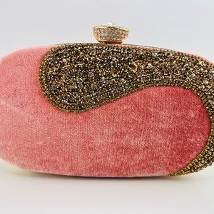 Women Lady Pink Gold Gemstones Clutch Purse Detachable Handle Wrist Crossbody